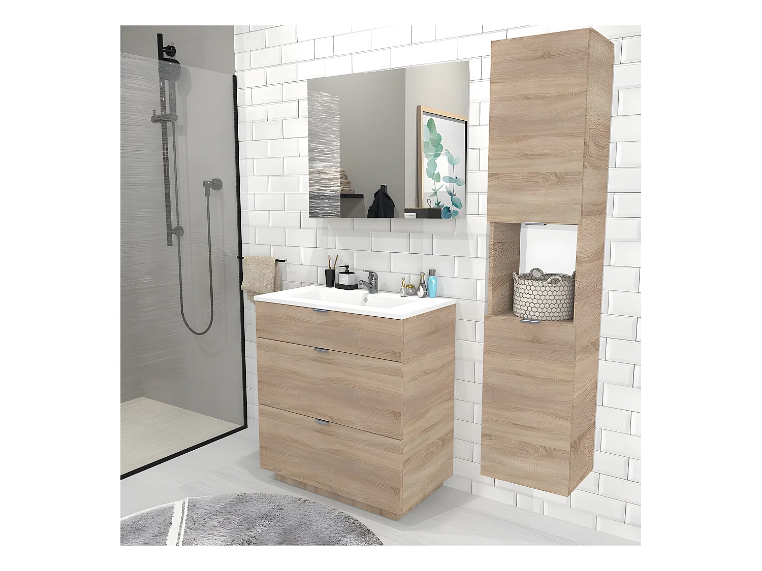 Meuble sous-vasque MARBELLA 80 cm + vasque + miroir + colonne / Décor Chêne blanchi
