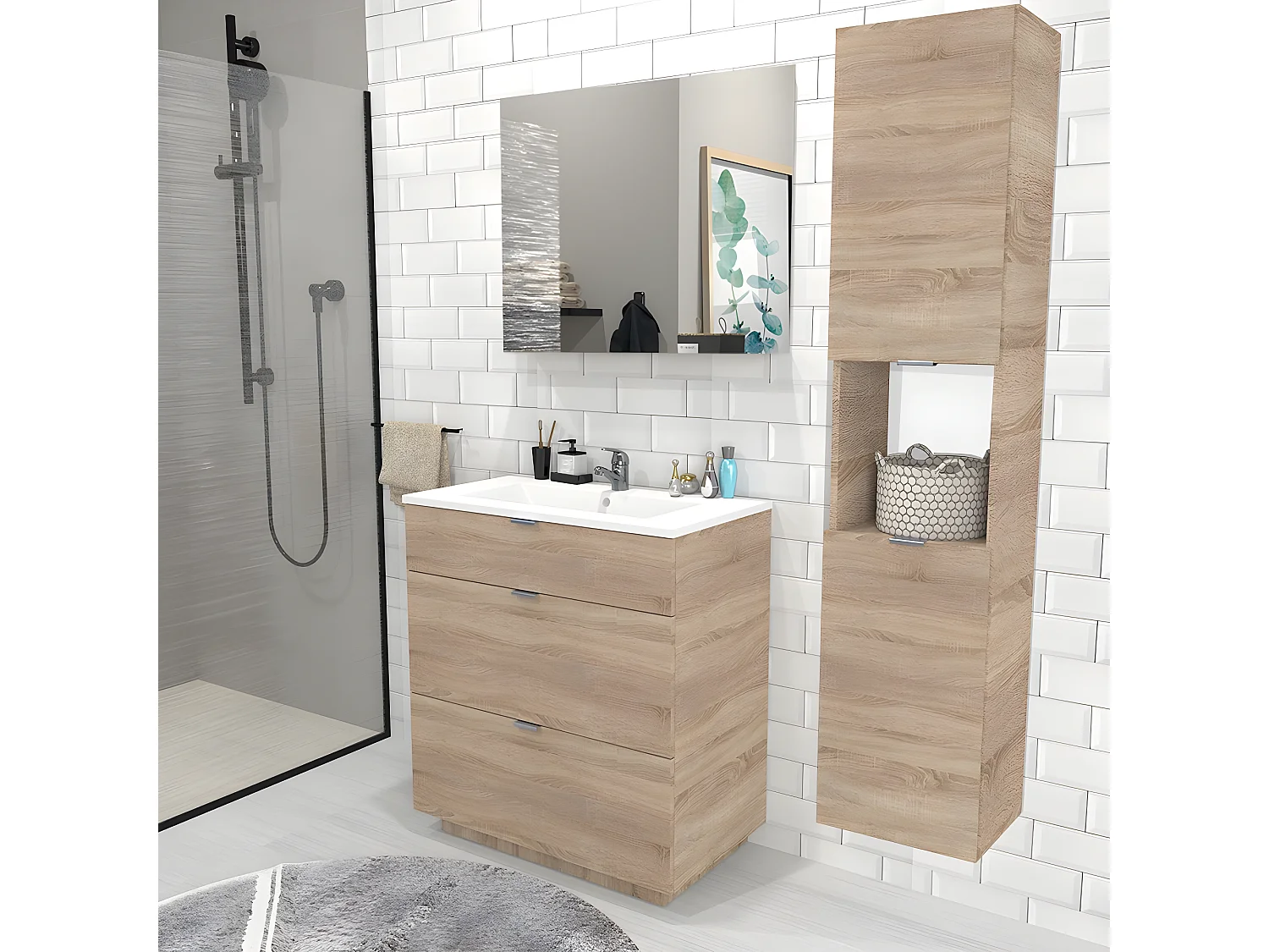 Meuble sous-vasque MARBELLA 80 cm + vasque + miroir + colonne / Décor Chêne blanchi