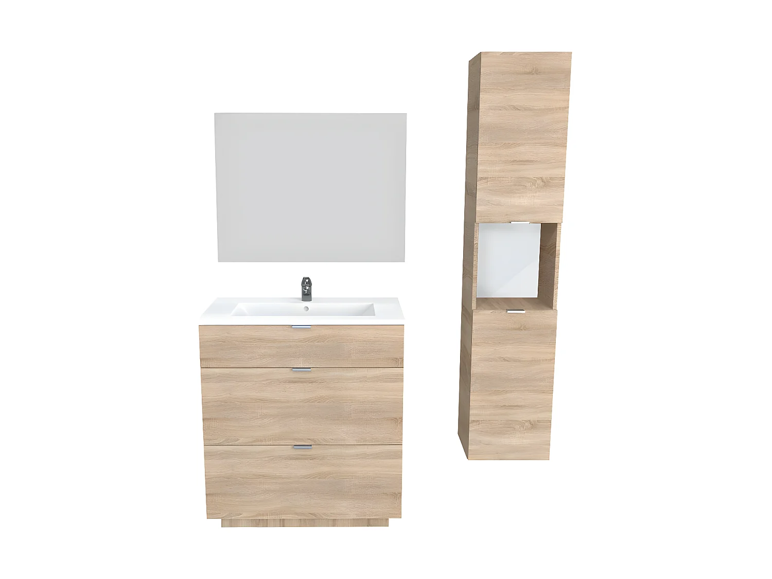Meuble sous-vasque MARBELLA 80 cm + vasque + miroir + colonne / Décor Chêne blanchi