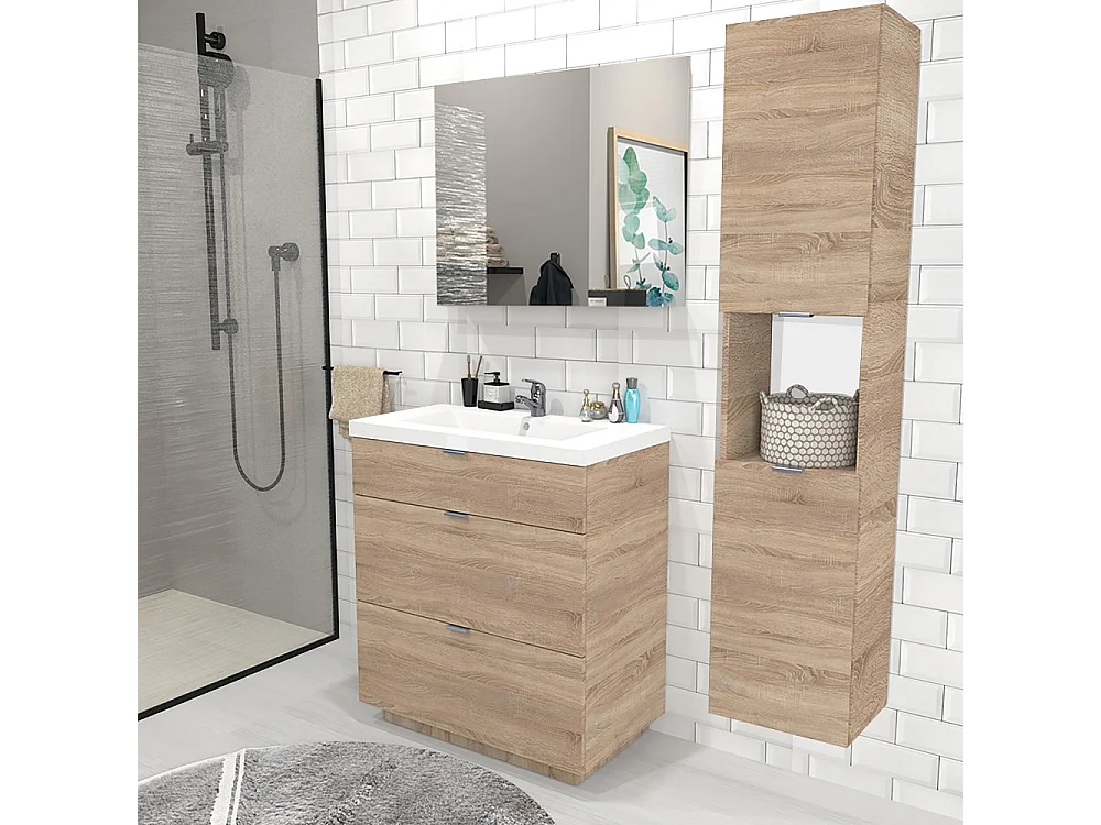 Meuble sous-vasque MARBELLA 80 cm + vasque + miroir + colonne / Décor Chêne blanchi