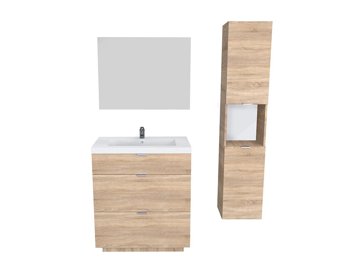 Meuble sous-vasque MARBELLA 80 cm + vasque + miroir + colonne / Décor Chêne blanchi