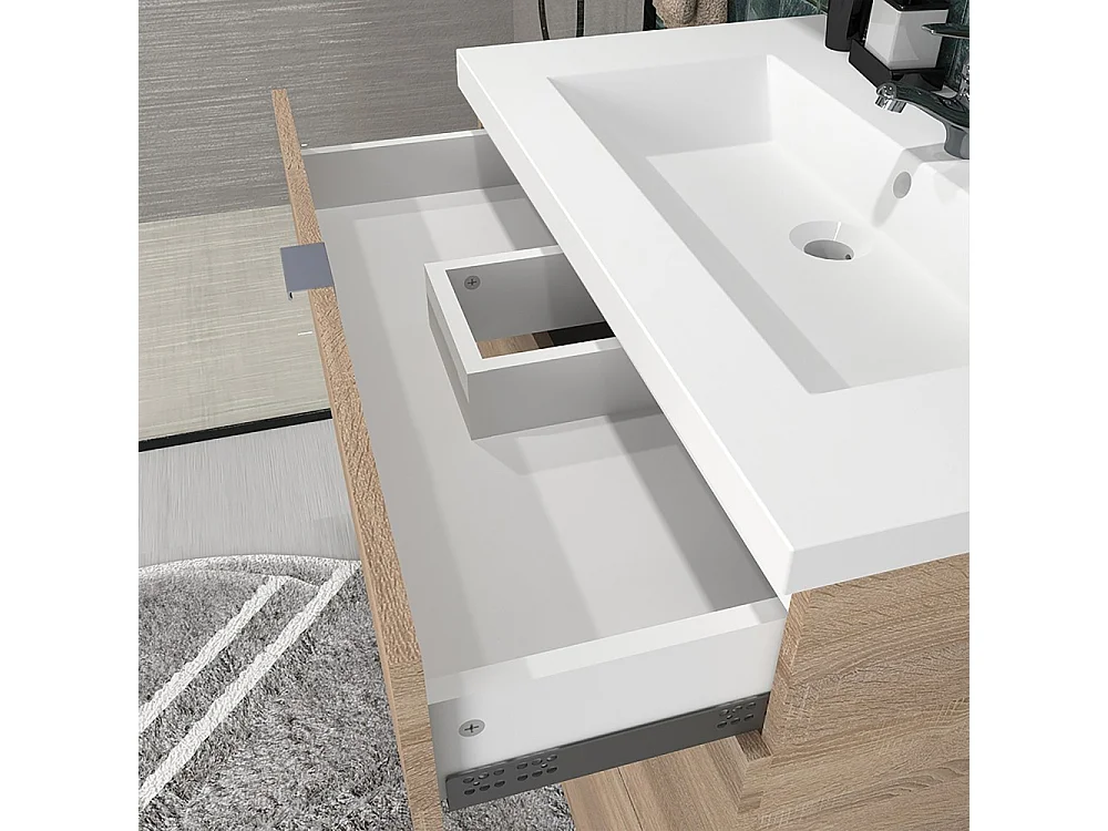 Meuble sous-vasque MARBELLA 80 cm + vasque + miroir + colonne / Décor Chêne blanchi