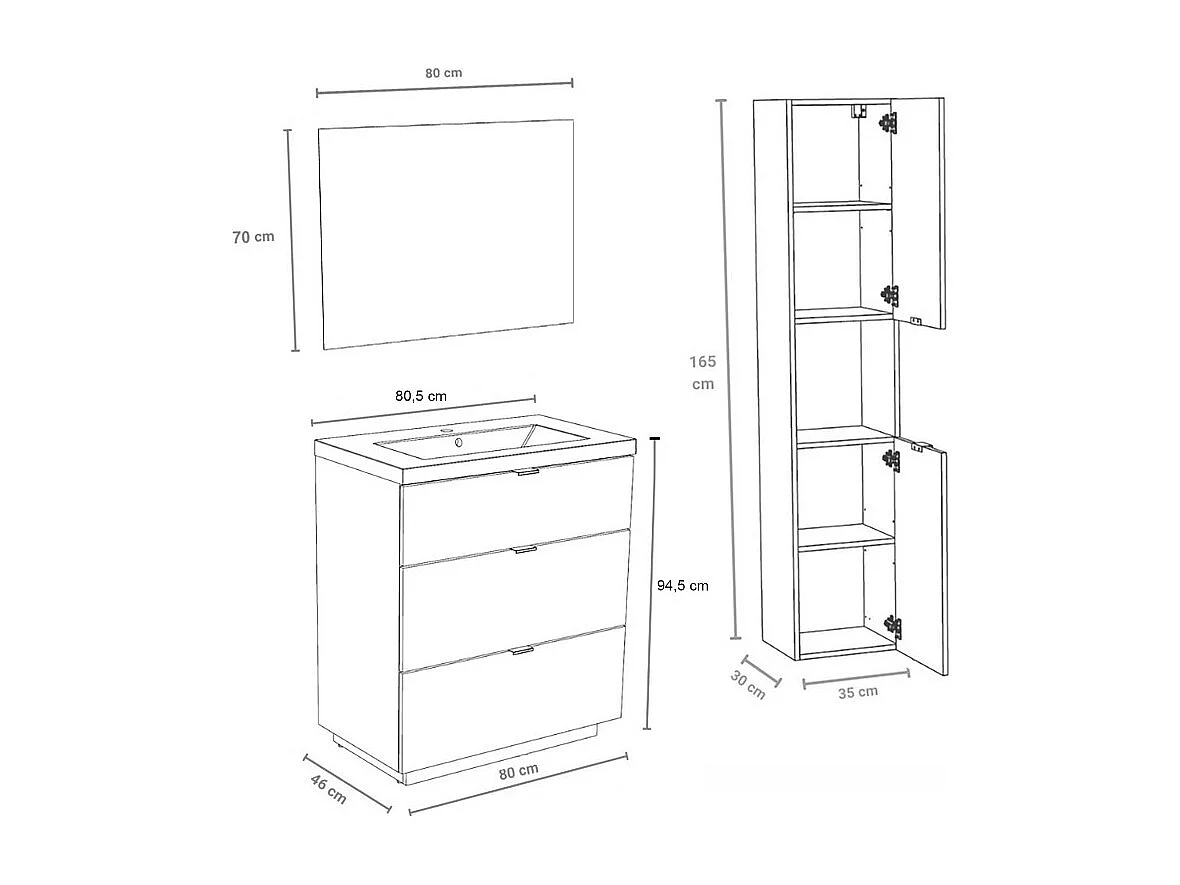 Meuble sous-vasque MARBELLA 80 cm + vasque + miroir + colonne / Décor Chêne blanchi