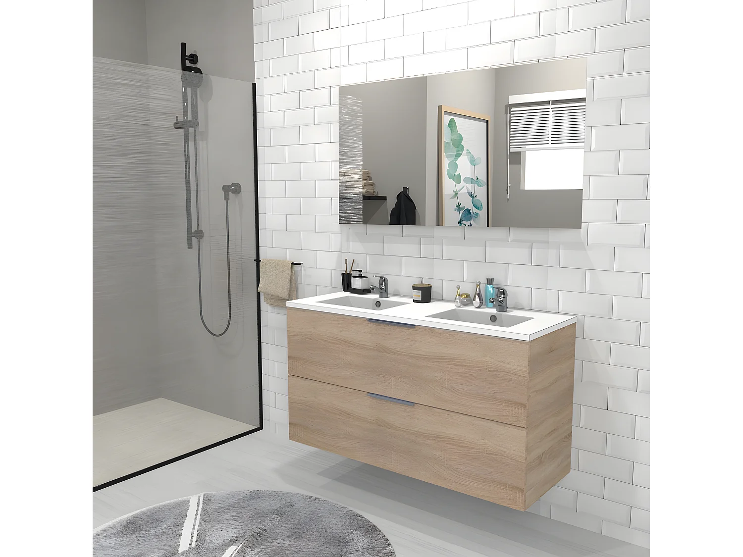 Meuble sous-vasque 2 tiroirs MALAGA 120 cm + vasque + miroir / Décor Chêne blanchi