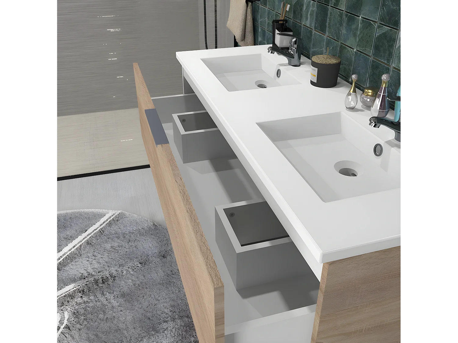 Meuble sous-vasque 2 tiroirs MALAGA 120 cm + vasque + miroir / Décor Chêne blanchi