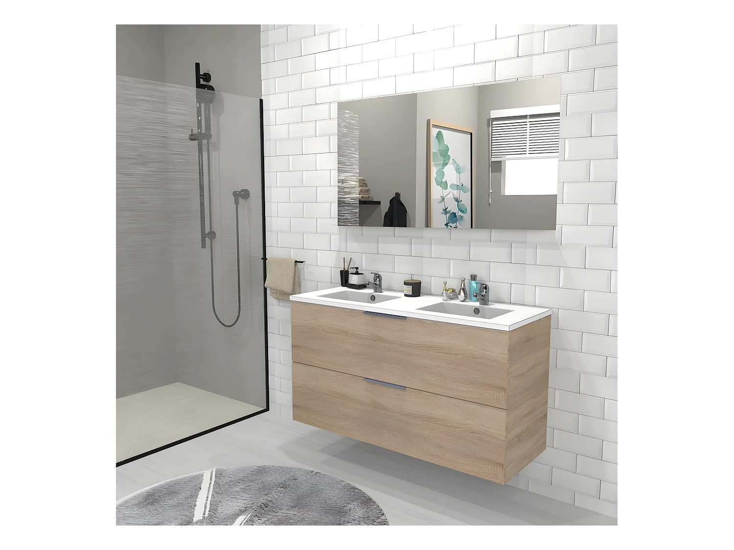 Meuble sous-vasque 2 tiroirs MALAGA 120 cm + vasque + miroir / Décor Chêne blanchi