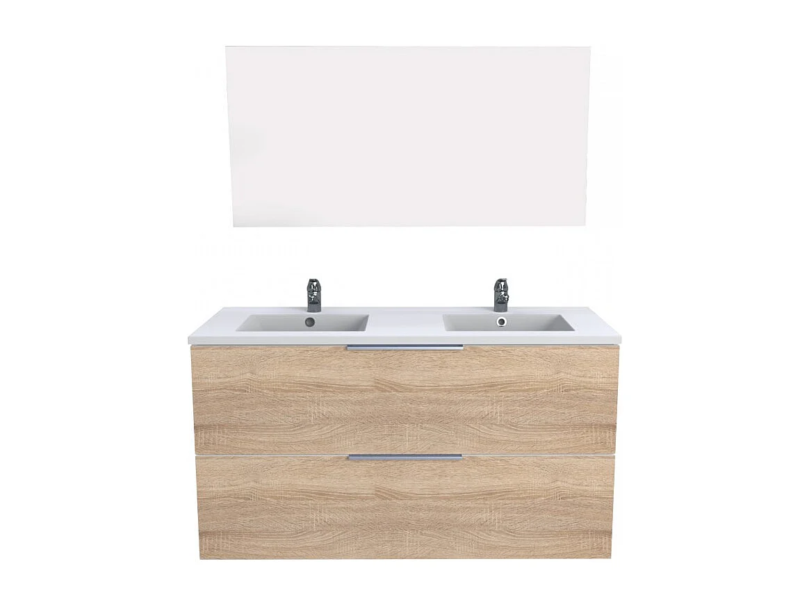 Meuble sous-vasque 2 tiroirs MALAGA 120 cm + vasque + miroir / Décor Chêne blanchi