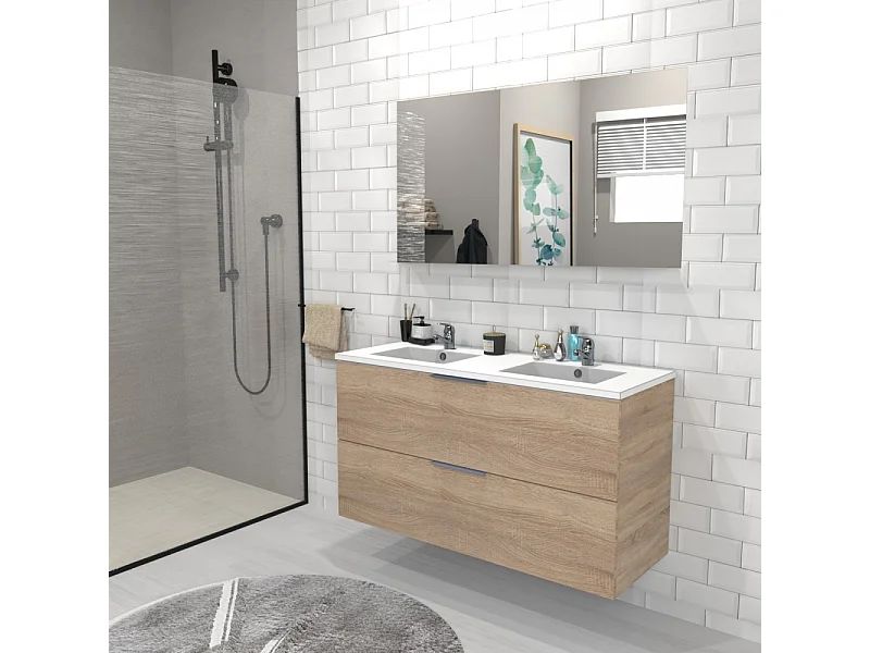Meuble sous-vasque 2 tiroirs MALAGA 120 cm + vasque + miroir / Décor Chêne blanchi