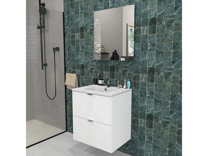 Meuble sous-vasque 2 tiroirs MALAGA  60 cm + vasque / Blanc