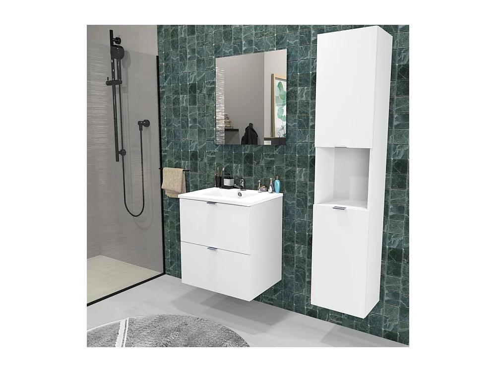 Meuble sous vasque MALAGA 60 cm + vasque + miroir + colonne / Blanc