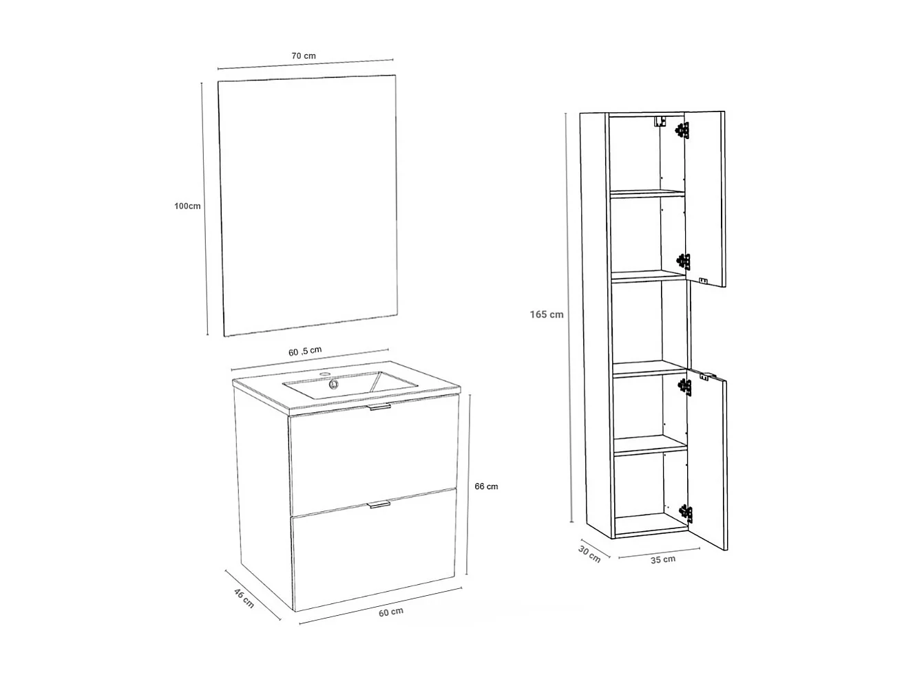 Meuble sous vasque MALAGA 60 cm + vasque + miroir + colonne / Blanc