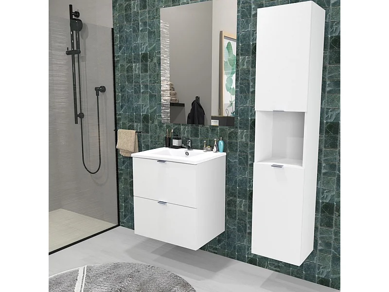 Meuble sous vasque MALAGA 60 cm + vasque + miroir + colonne / Blanc