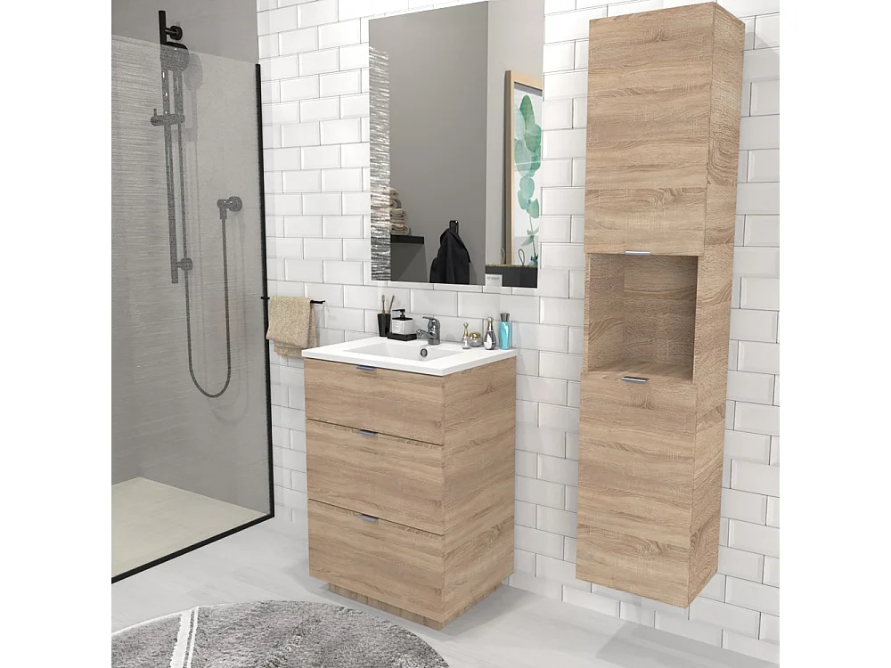 Meuble sous-vasque 3 tiroirs MARBELLA 60 cm + vasque + miroir / Décor Chêne blanchi