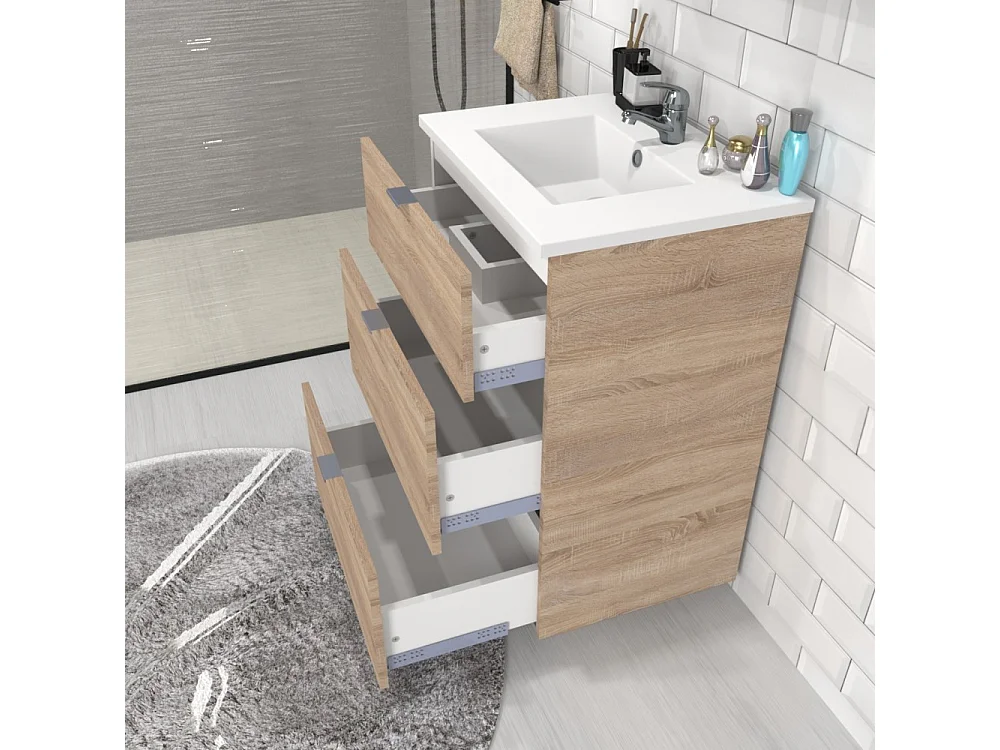 Meuble sous-vasque 3 tiroirs MARBELLA 60 cm + vasque + miroir / Décor Chêne blanchi