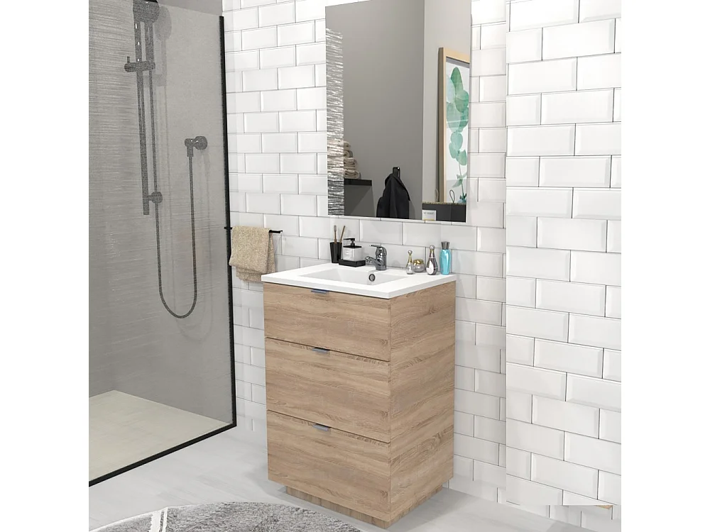 Meuble sous-vasque 3 tiroirs MARBELLA 60 cm + vasque + miroir / Décor Chêne blanchi