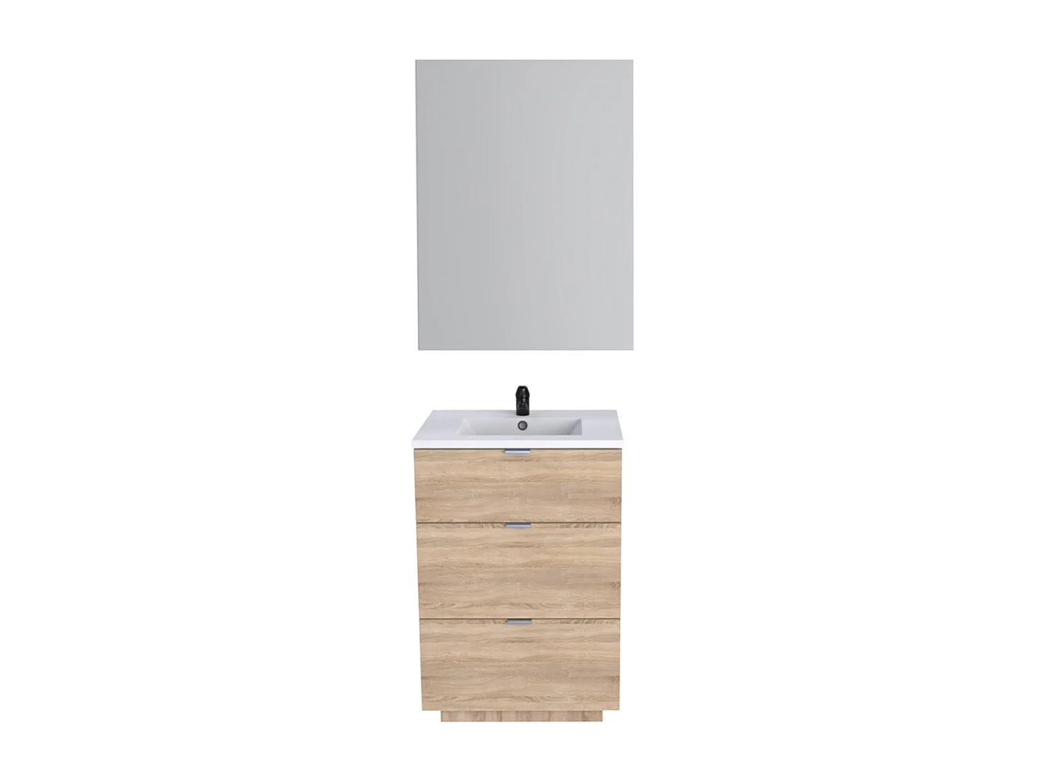 Meuble sous-vasque 3 tiroirs MARBELLA 60 cm + vasque + miroir / Décor Chêne blanchi