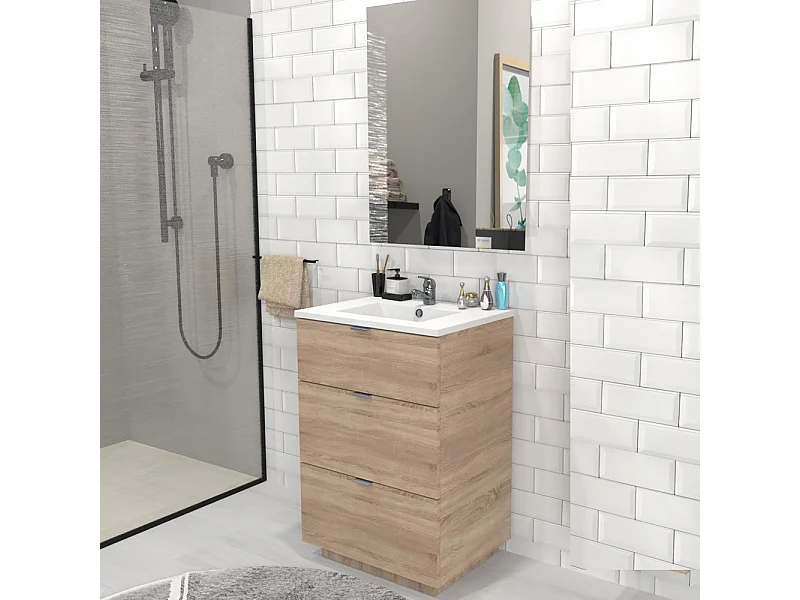 Meuble sous-vasque 3 tiroirs MARBELLA 60 cm + vasque + miroir / Décor Chêne blanchi