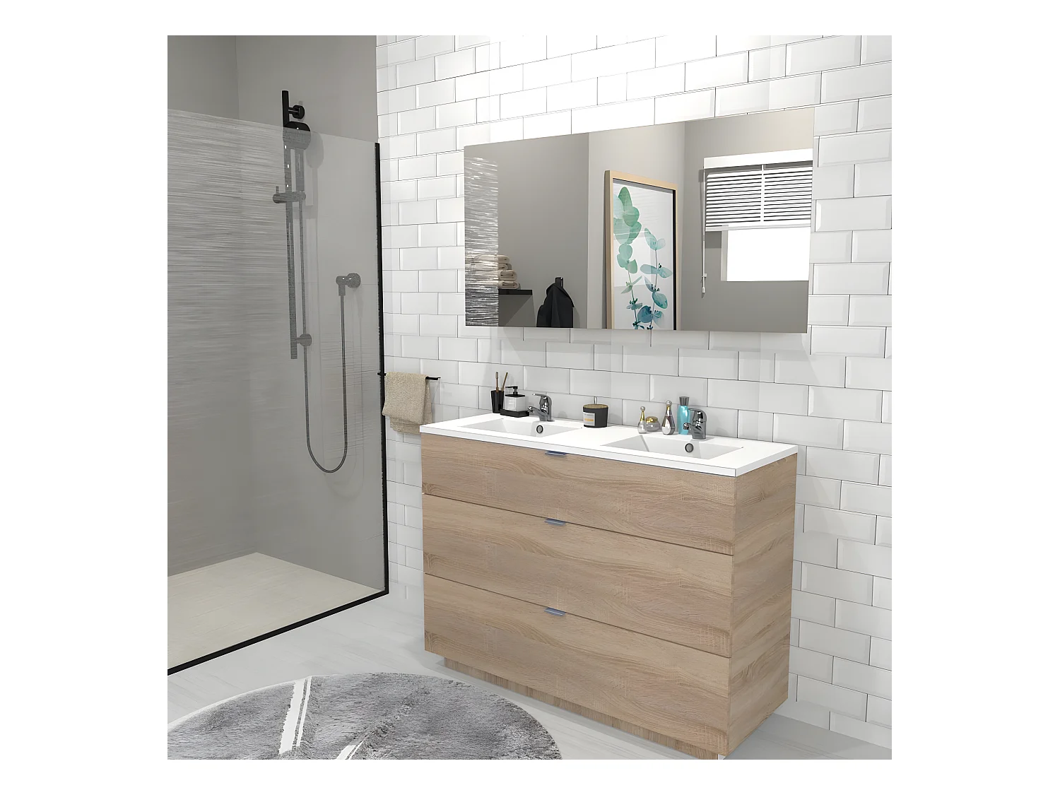 Meuble sous-vasque 3 tiroirs MARBELLA 120 cm + vasque + miroir / Décor Chêne blanchi