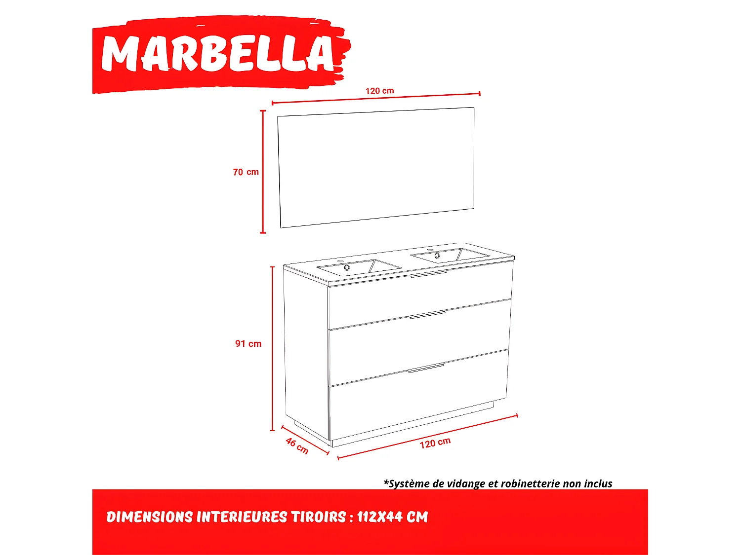 Meuble sous-vasque 3 tiroirs MARBELLA 120 cm + vasque + miroir / Décor Chêne blanchi