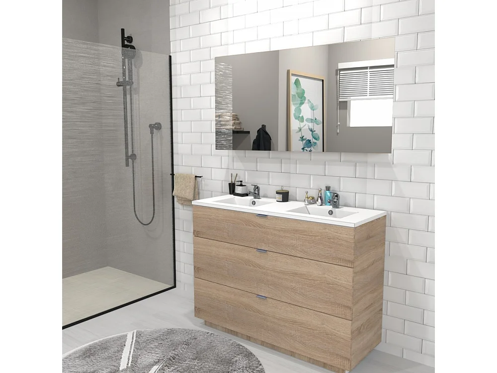 Meuble sous-vasque 3 tiroirs MARBELLA 120 cm + vasque + miroir / Décor Chêne blanchi