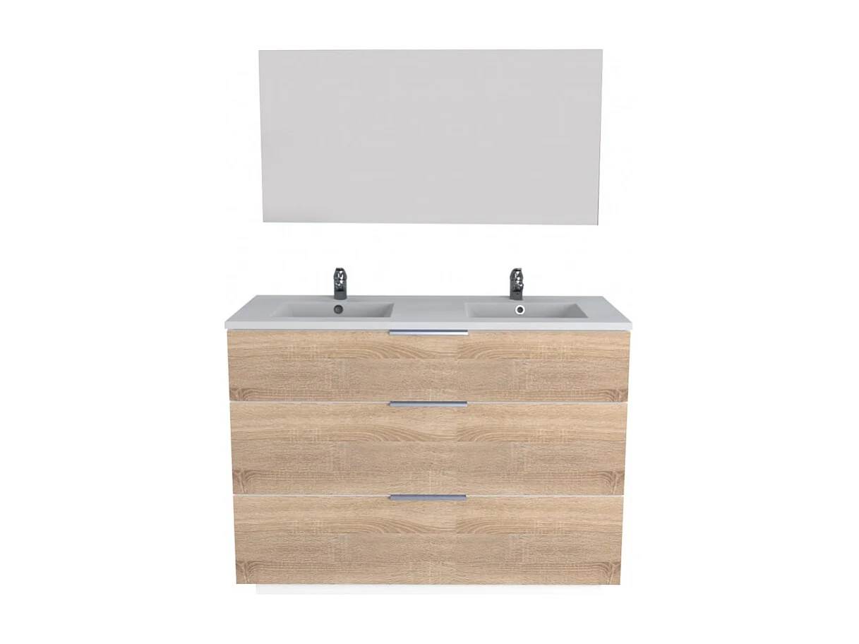 Meuble sous-vasque 3 tiroirs MARBELLA 120 cm + vasque + miroir / Décor Chêne blanchi
