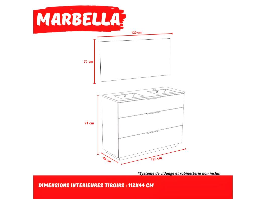 Meuble sous-vasque 3 tiroirs MARBELLA 120 cm + vasque + miroir / Décor Chêne blanchi