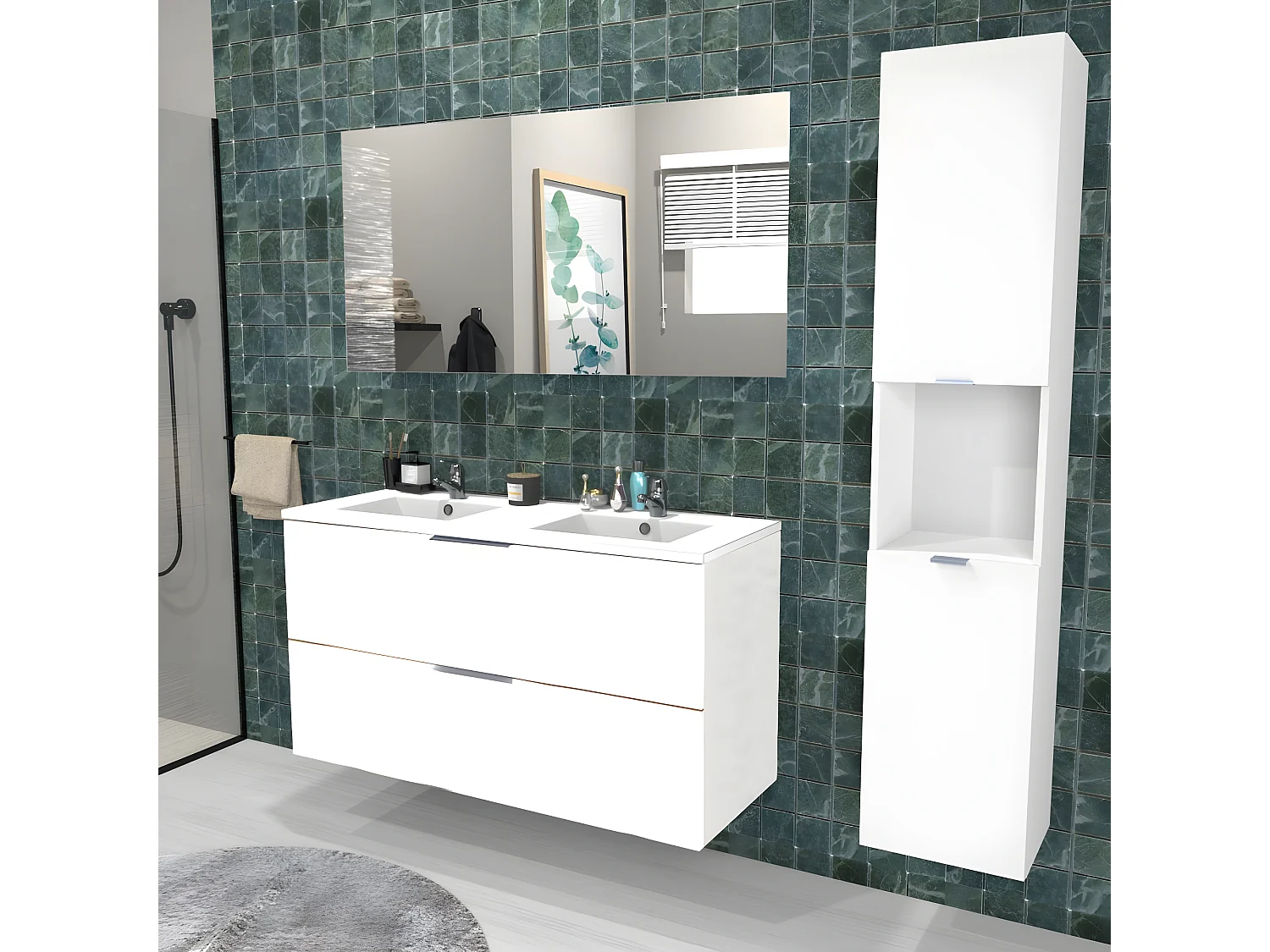Meuble sous-vasque MALAGA 120 cm + vasque + miroir + colonne / Blanc