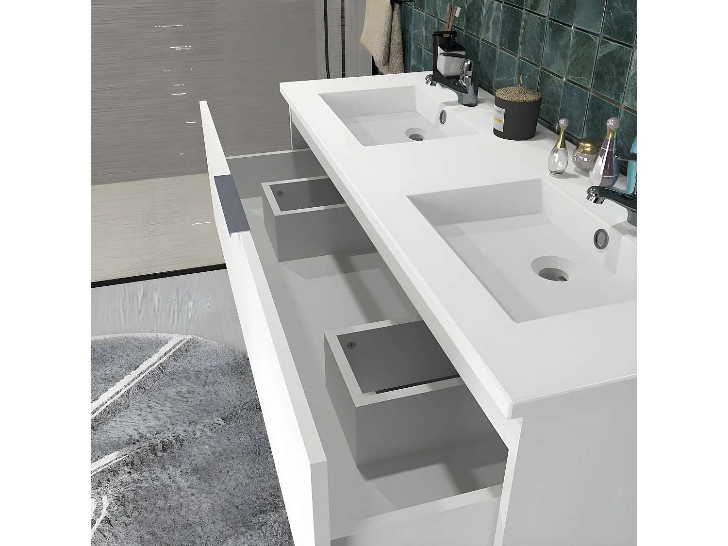 Meuble sous-vasque MALAGA 120 cm + vasque + miroir + colonne / Blanc