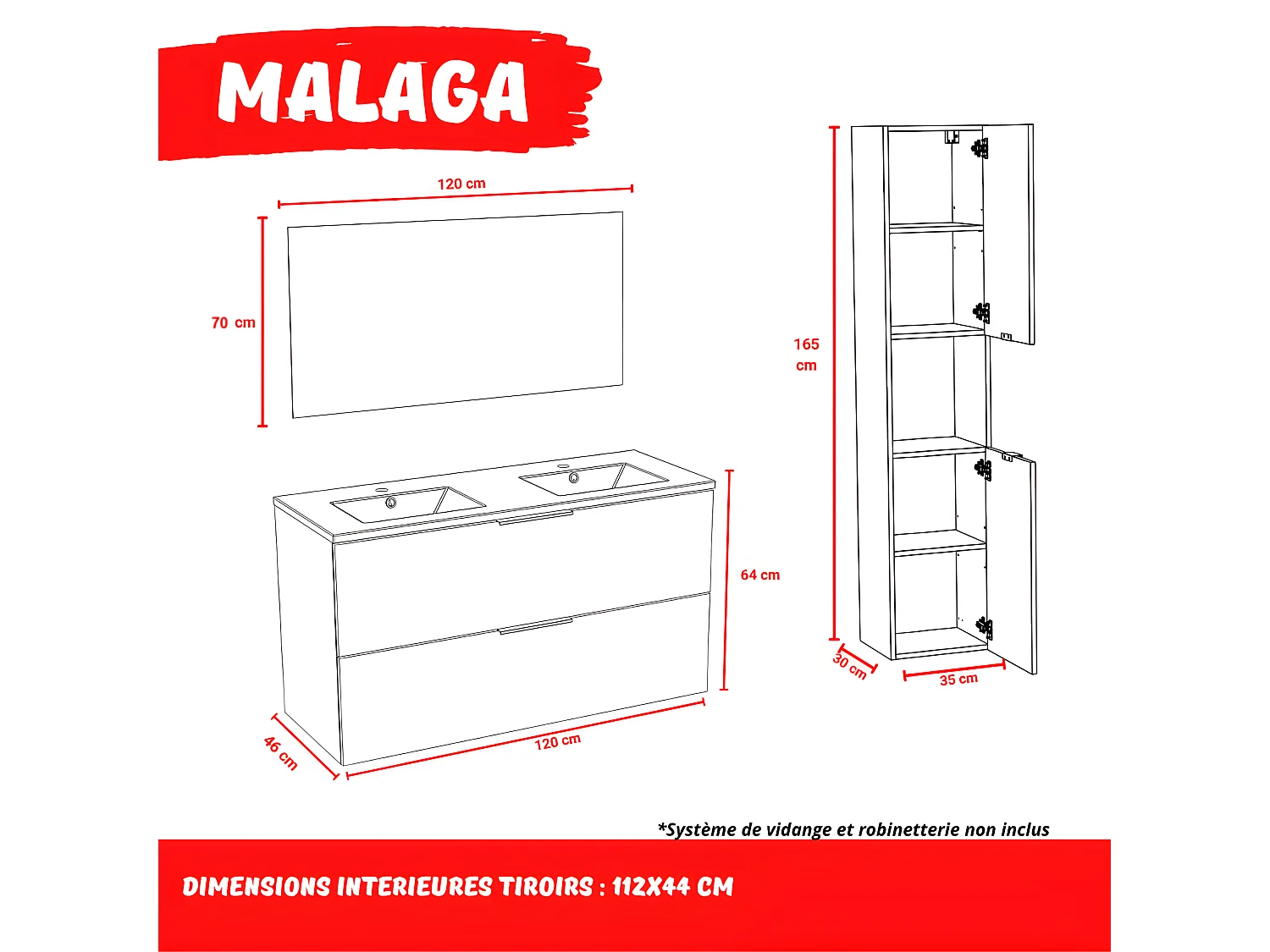 Meuble sous-vasque MALAGA 120 cm + vasque + miroir + colonne / Blanc