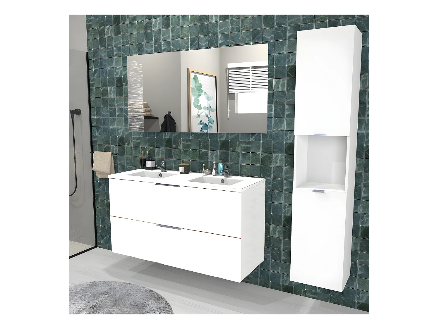 Meuble sous-vasque MALAGA 120 cm + vasque + miroir + colonne / Blanc