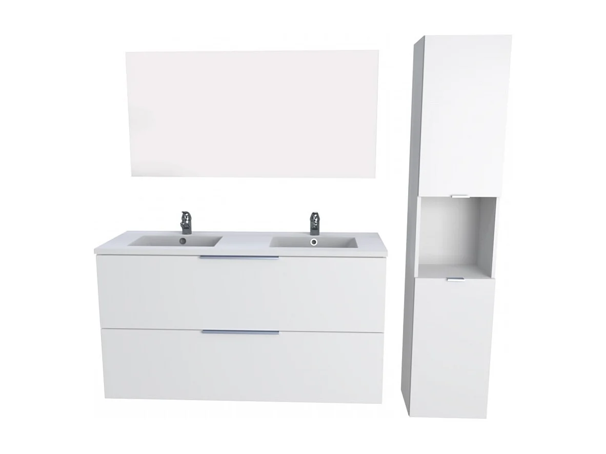 Meuble sous-vasque MALAGA 120 cm + vasque + miroir + colonne / Blanc