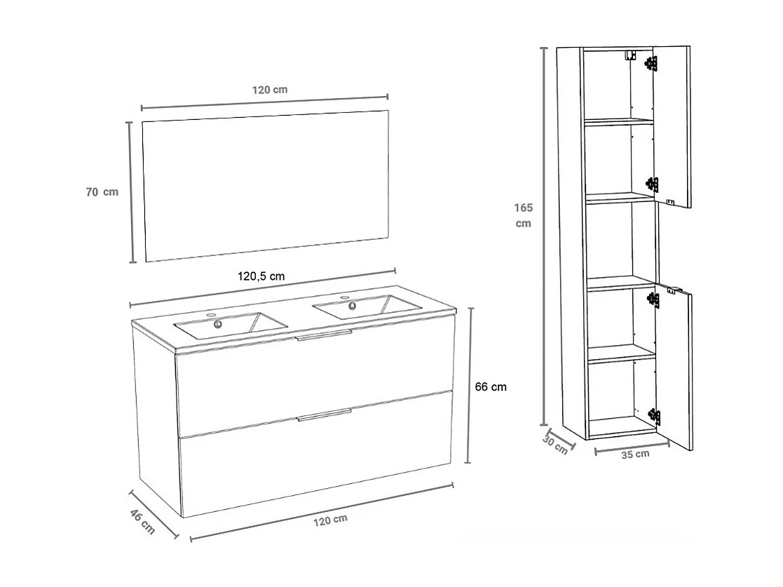 Meuble sous-vasque MALAGA 120 cm + vasque + miroir + colonne / Blanc