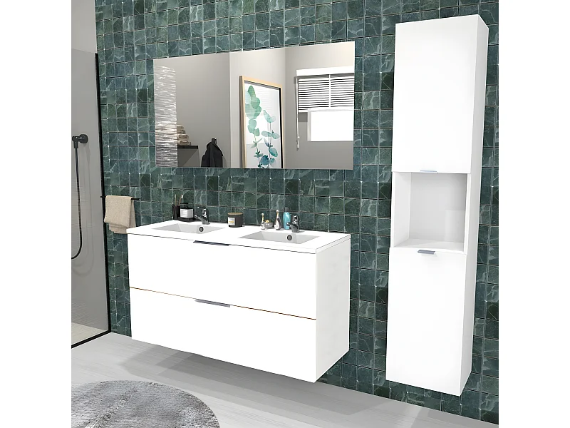 Meuble sous-vasque MALAGA 120 cm + vasque + miroir + colonne / Blanc
