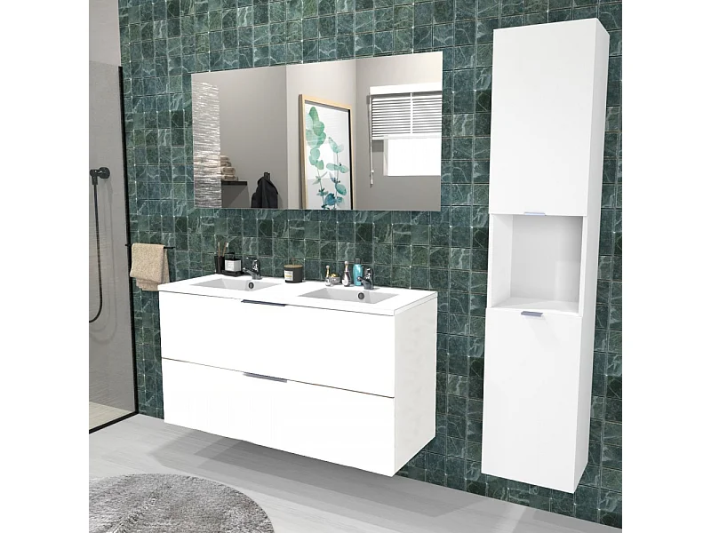 Meuble sous-vasque MALAGA 120 cm + vasque + miroir + colonne / Blanc