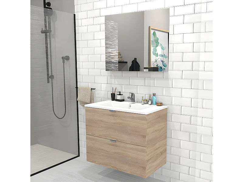 Meuble sous-vasque 2 tiroirs MALAGA  80 cm + vasque + miroir / Décor Chêne blanchi