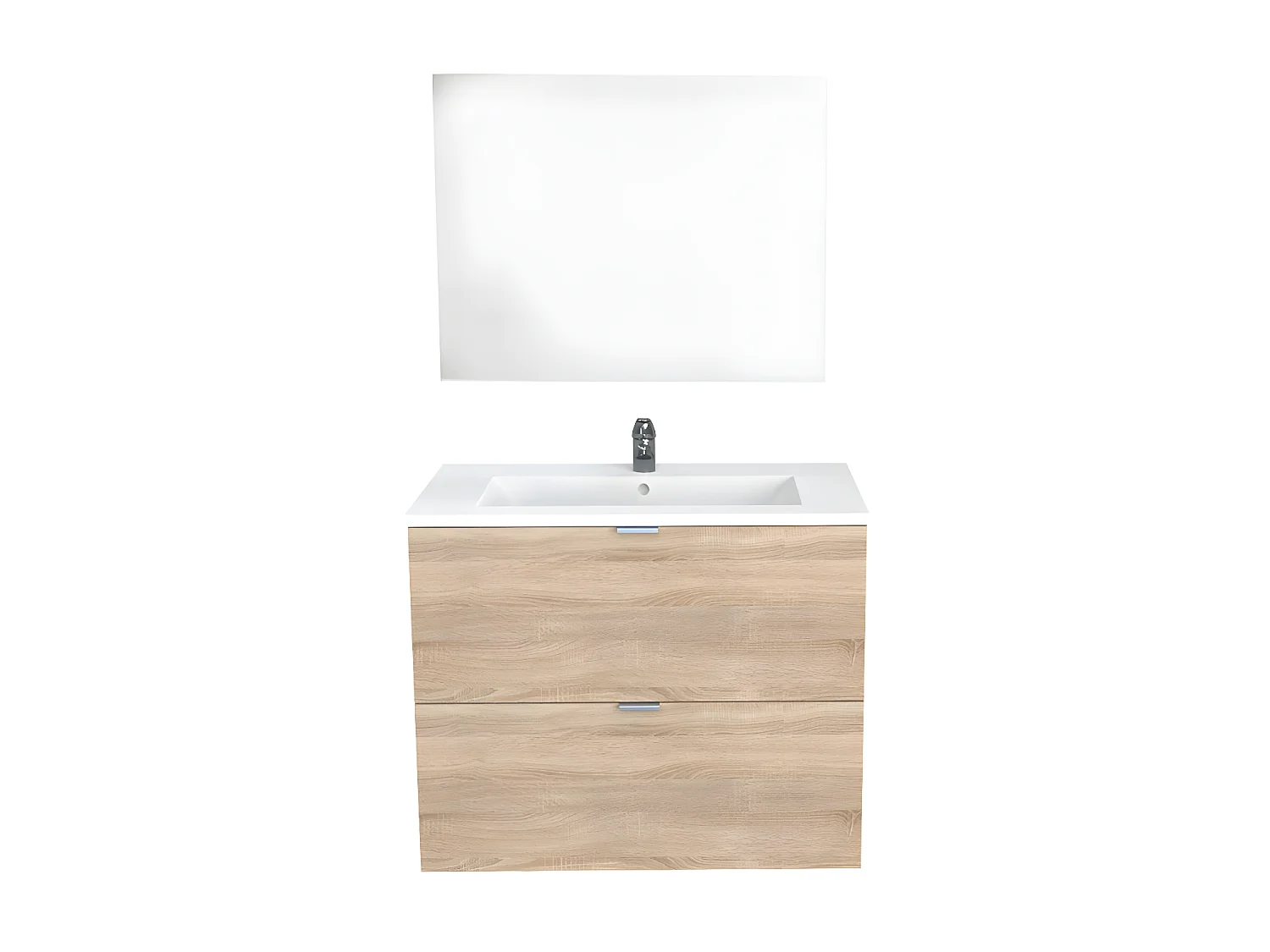 Meuble sous-vasque 2 tiroirs MALAGA  80 cm + vasque + miroir / Décor Chêne blanchi
