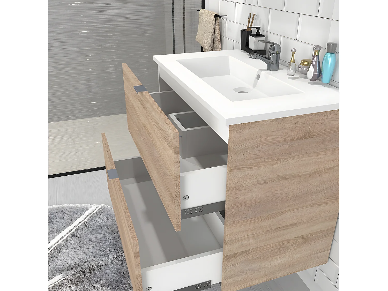 Meuble sous-vasque 2 tiroirs MALAGA  80 cm + vasque + miroir / Décor Chêne blanchi