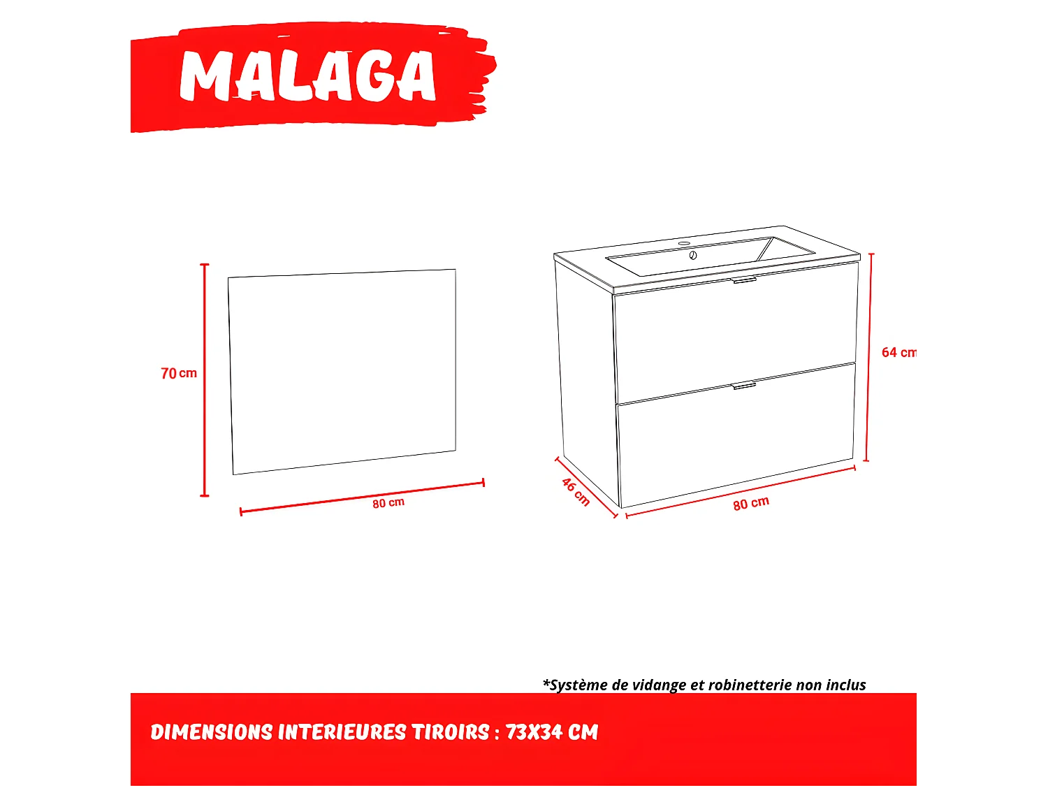 Meuble sous-vasque 2 tiroirs MALAGA  80 cm + vasque + miroir / Décor Chêne blanchi