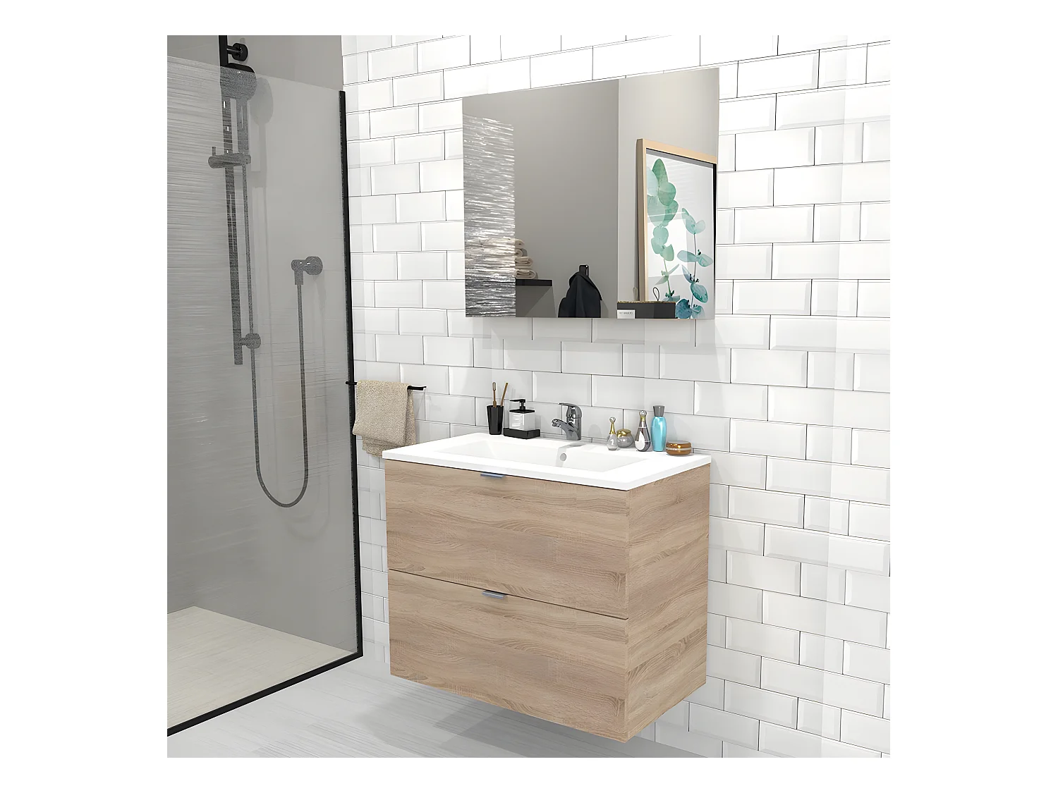 Meuble sous-vasque 2 tiroirs MALAGA  80 cm + vasque + miroir / Décor Chêne blanchi