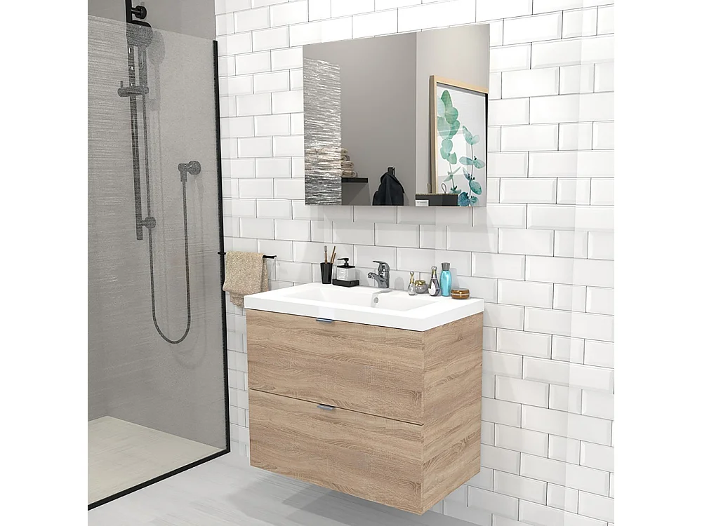 Meuble sous-vasque 2 tiroirs MALAGA  80 cm + vasque + miroir / Décor Chêne blanchi