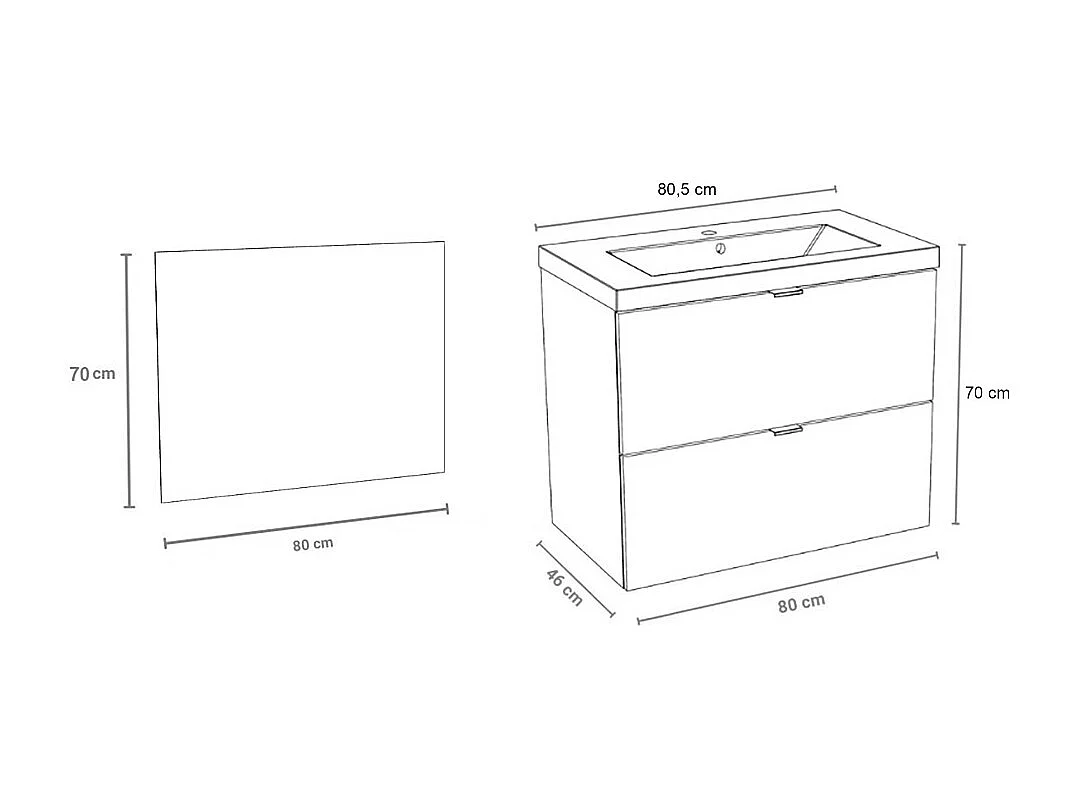 Meuble sous-vasque 2 tiroirs MALAGA  80 cm + vasque + miroir / Décor Chêne blanchi