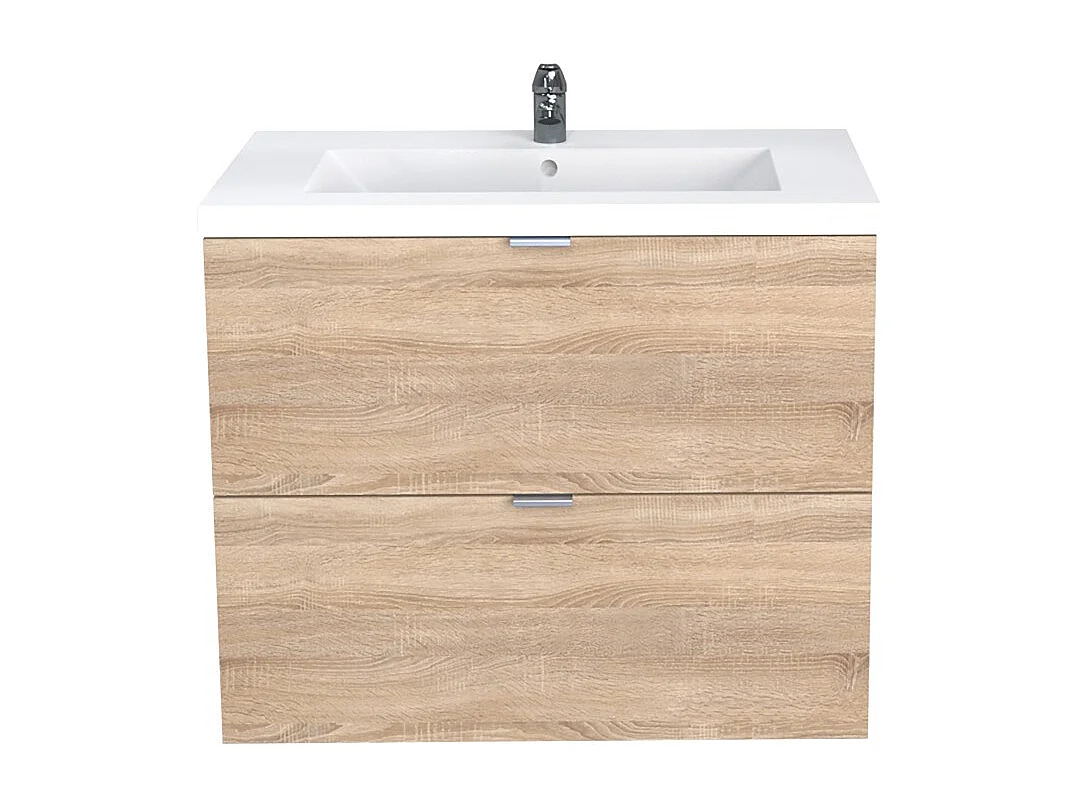 Meuble sous-vasque 2 tiroirs MALAGA  80 cm + vasque + miroir / Décor Chêne blanchi