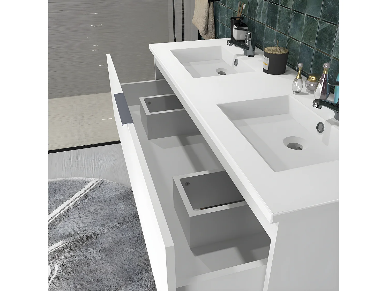 Meuble sous-vasque 2 tiroirs MALAGA 120 cm + vasque + miroir / Blanc