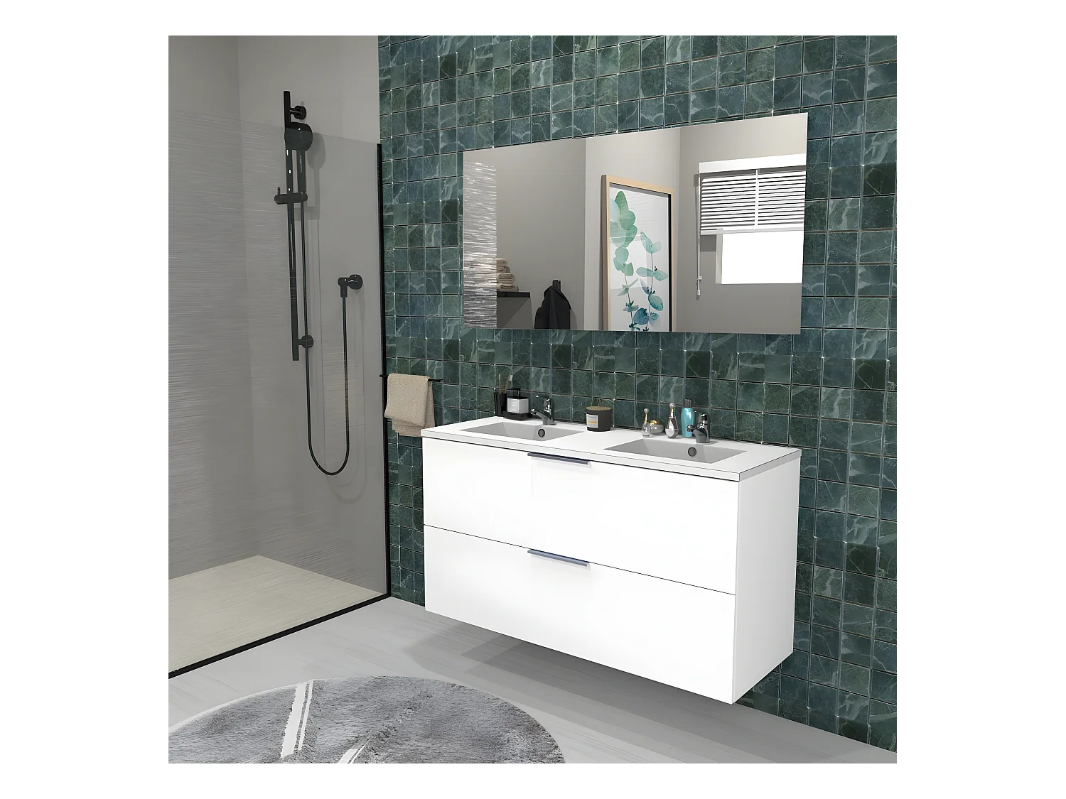Meuble sous-vasque 2 tiroirs MALAGA 120 cm + vasque + miroir / Blanc