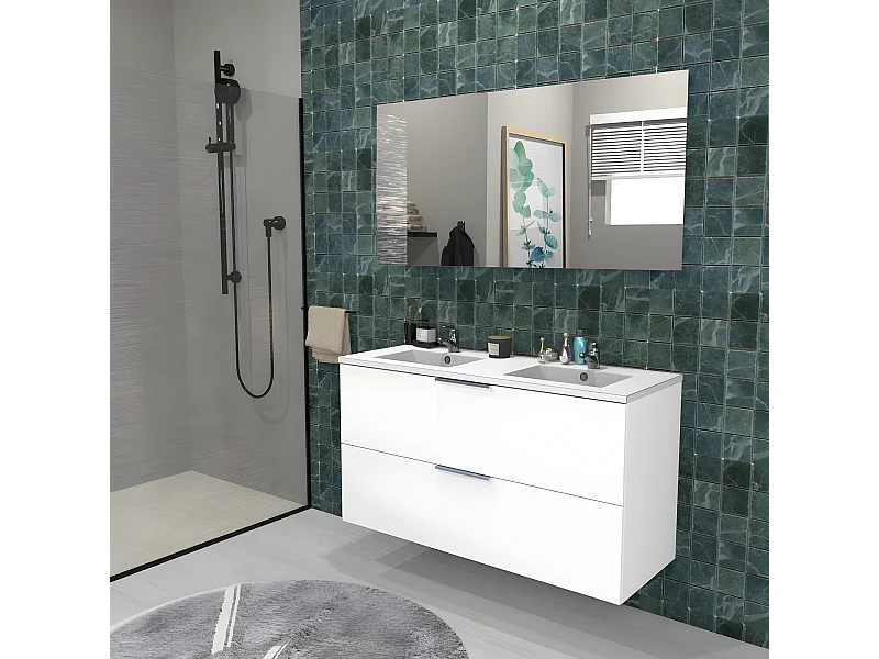 Meuble sous-vasque 2 tiroirs MALAGA 120 cm + vasque + miroir / Blanc