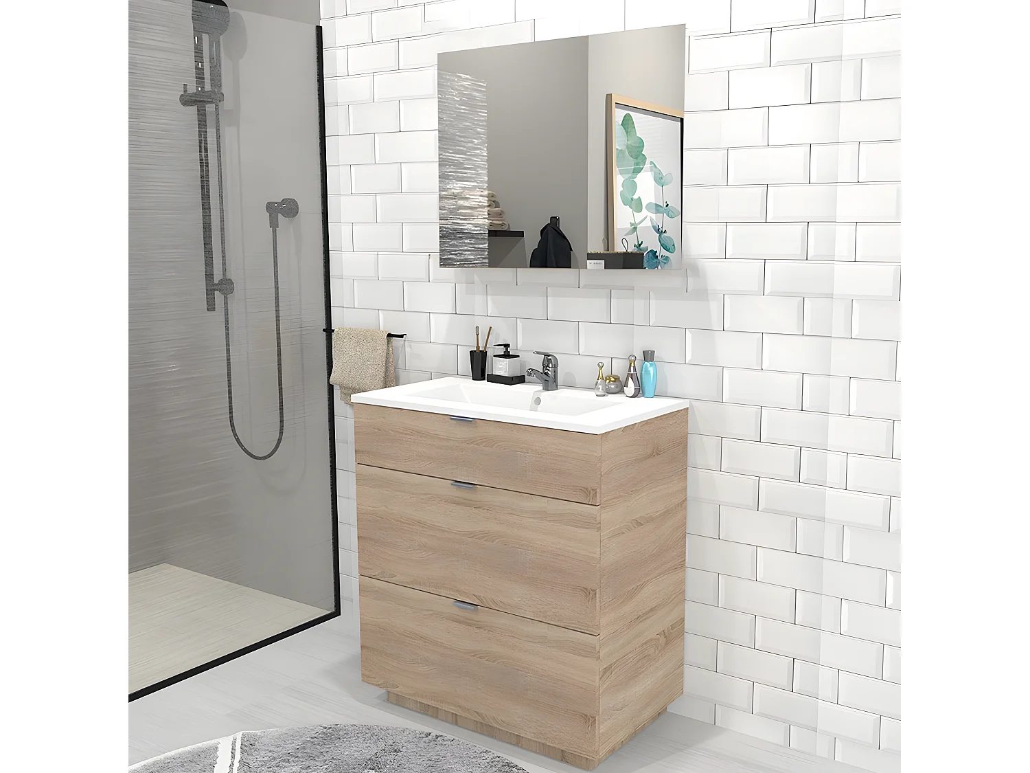 Meuble sous-vasque 3 tiroirs MARBELLA 80 cm  + vasque + miroir / Décor Chêne blanchi