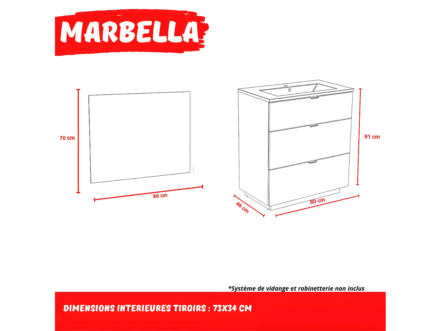 Meuble sous-vasque 3 tiroirs MARBELLA 80 cm  + vasque + miroir / Décor Chêne blanchi
