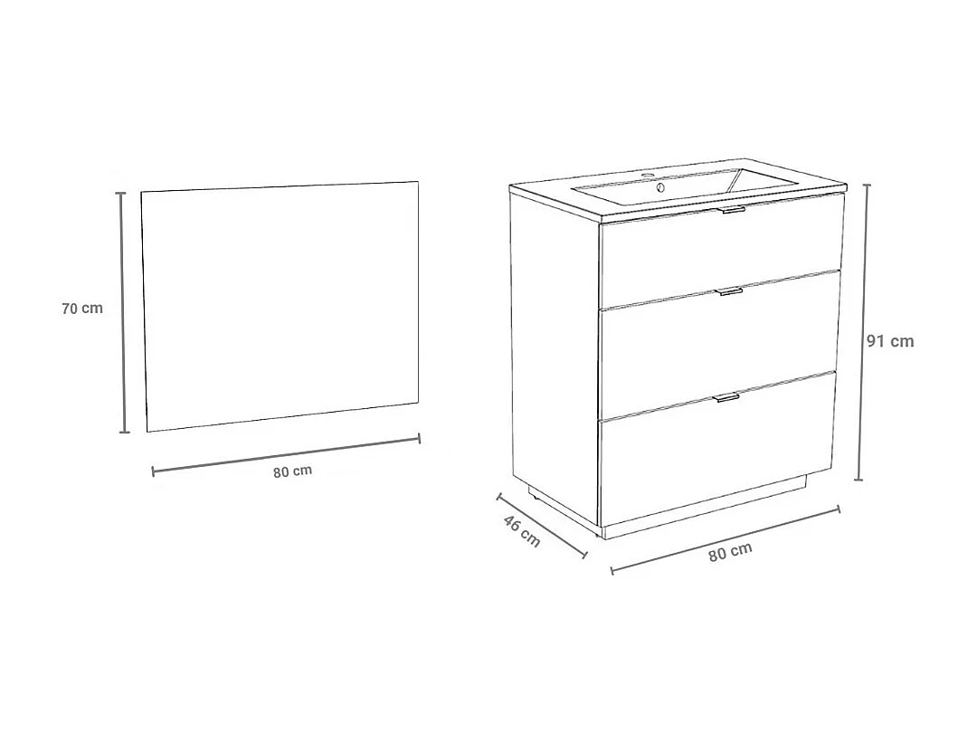 Meuble sous-vasque 3 tiroirs MARBELLA 80 cm  + vasque + miroir / Décor Chêne blanchi