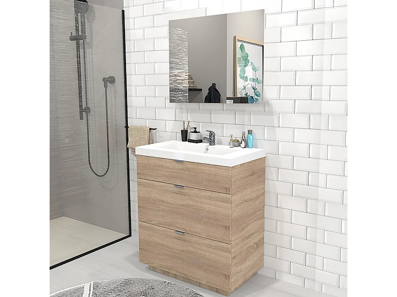 Meuble sous-vasque 3 tiroirs MARBELLA 80 cm  + vasque + miroir / Décor Chêne blanchi