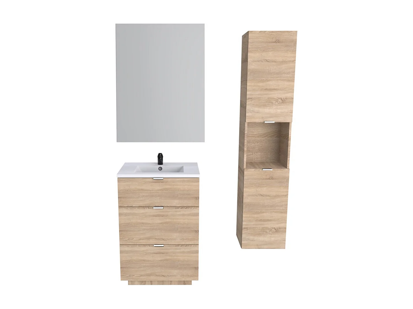 Meuble sous vasque MARBELLA 60 cm + vasque + miroir + colonne / Décor Chêne blanchi
